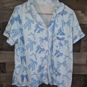 Light Blue Bow-Print Short Sleeve Pajama Set